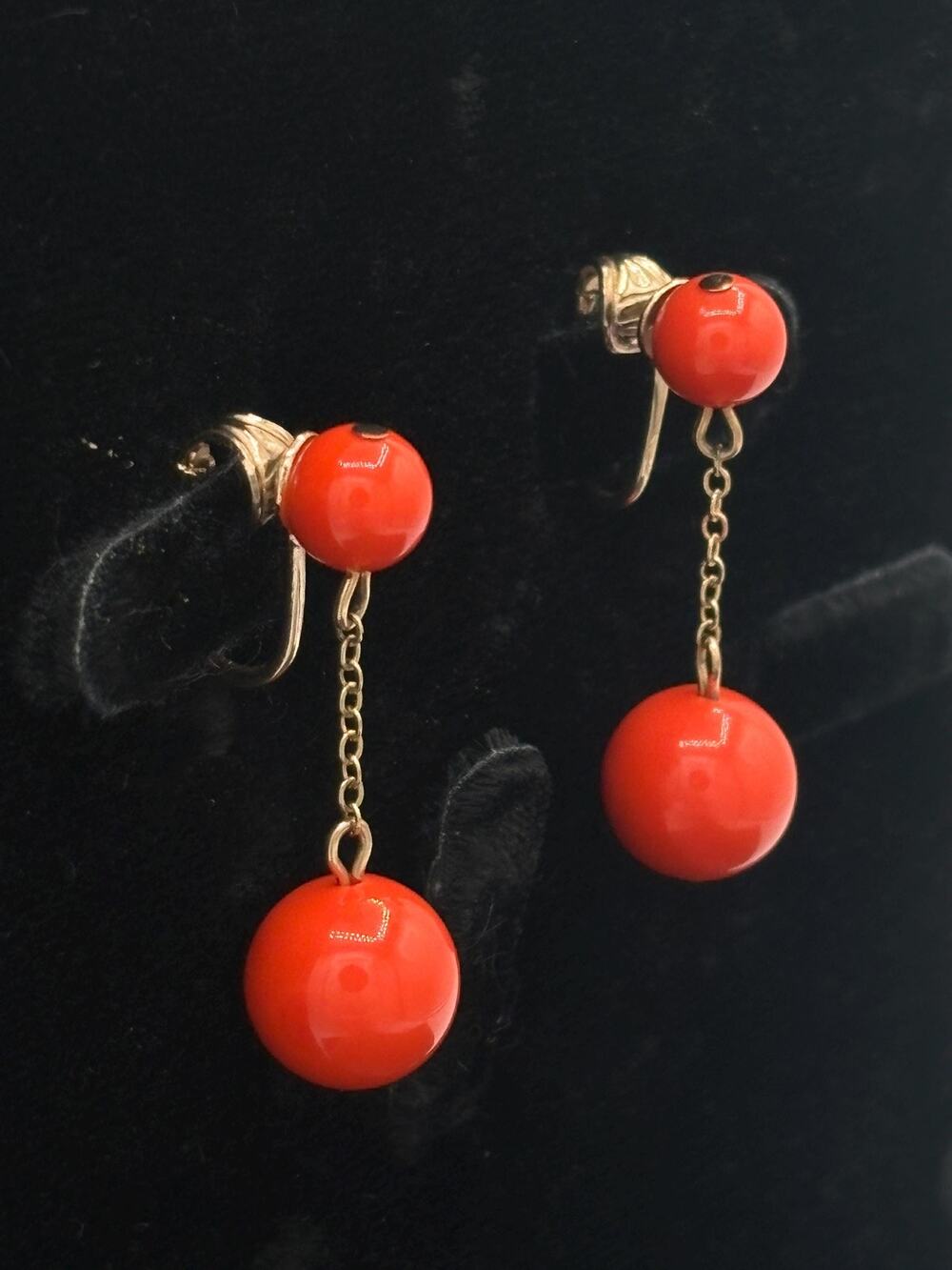 Signed Richelieu Vintage Clip-On Earrings | Coral-Tone Double Bead Drops